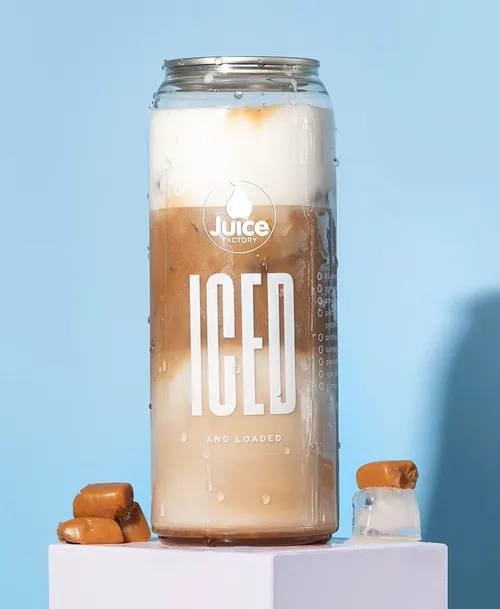 Iced Caramel Collagen Latte with double espresso, caramel, GoPrimal collagen + protein