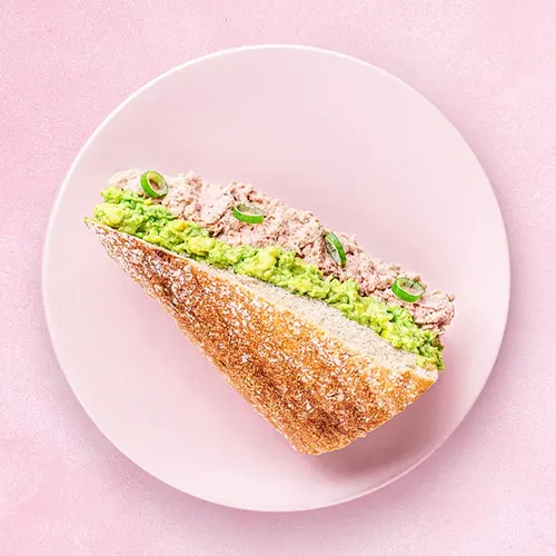 Sandwich Tuna with tuna mousse, avocado, pesto