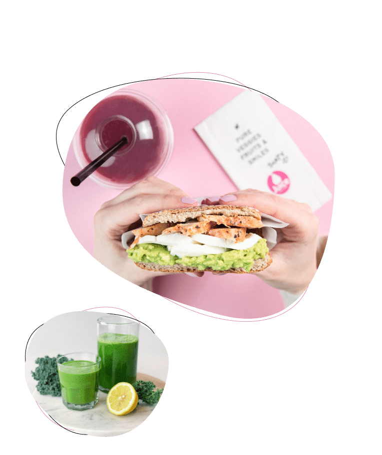 Gesunder Smoothie, grüner Saft und Avocado-Sandwich